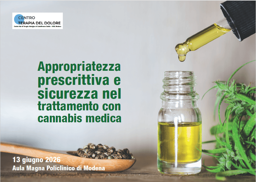 Locandina dell’evento "Appropriatezza prescrittiva e sicurezza nel trattamento con cannabis medica", Aula Magna Policlinico di Modena, 13 giugno 2026