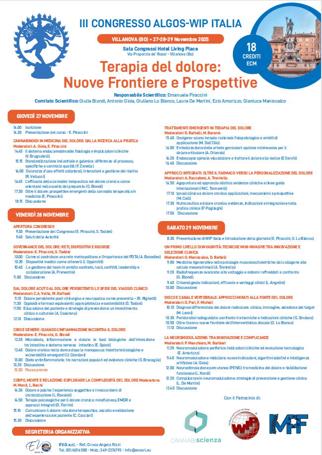 Locandina del III Congresso ALGOS-WIP Italia "Terapia del dolore: nuove frontiere e prospettive", Villanova (BO), 27-29 novembre 2025