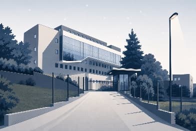 Illustrazione dell’ingresso controllato della sede, con cancello automatizzato e recinzione perimetrale