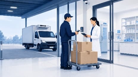 Illustrazione di un corriere che consegna un pacco a un’operatrice di farmacia, furgone refrigerato sullo sfondo